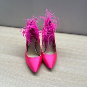 Pink Satin & Leather  Feather Heels 7.5